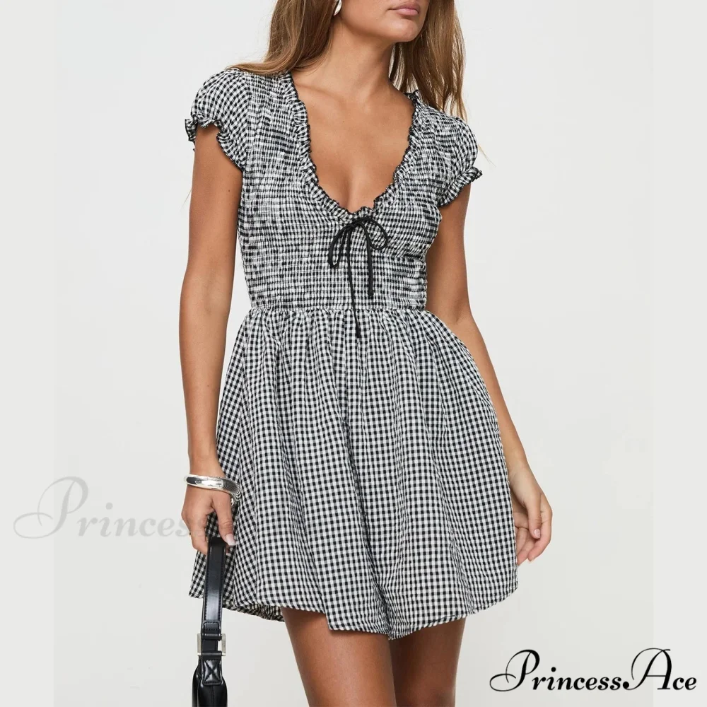 Checkered Shirred Babydoll Mini Dress - Image 4