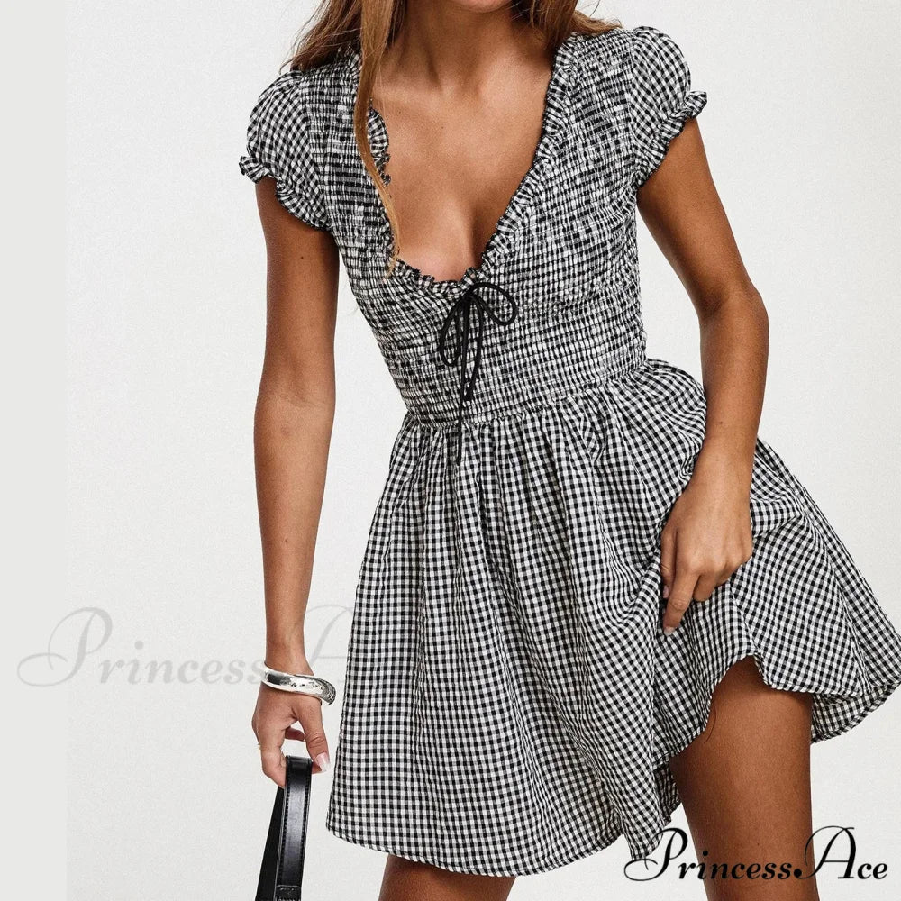 Checkered Shirred Babydoll Mini Dress - Image 5