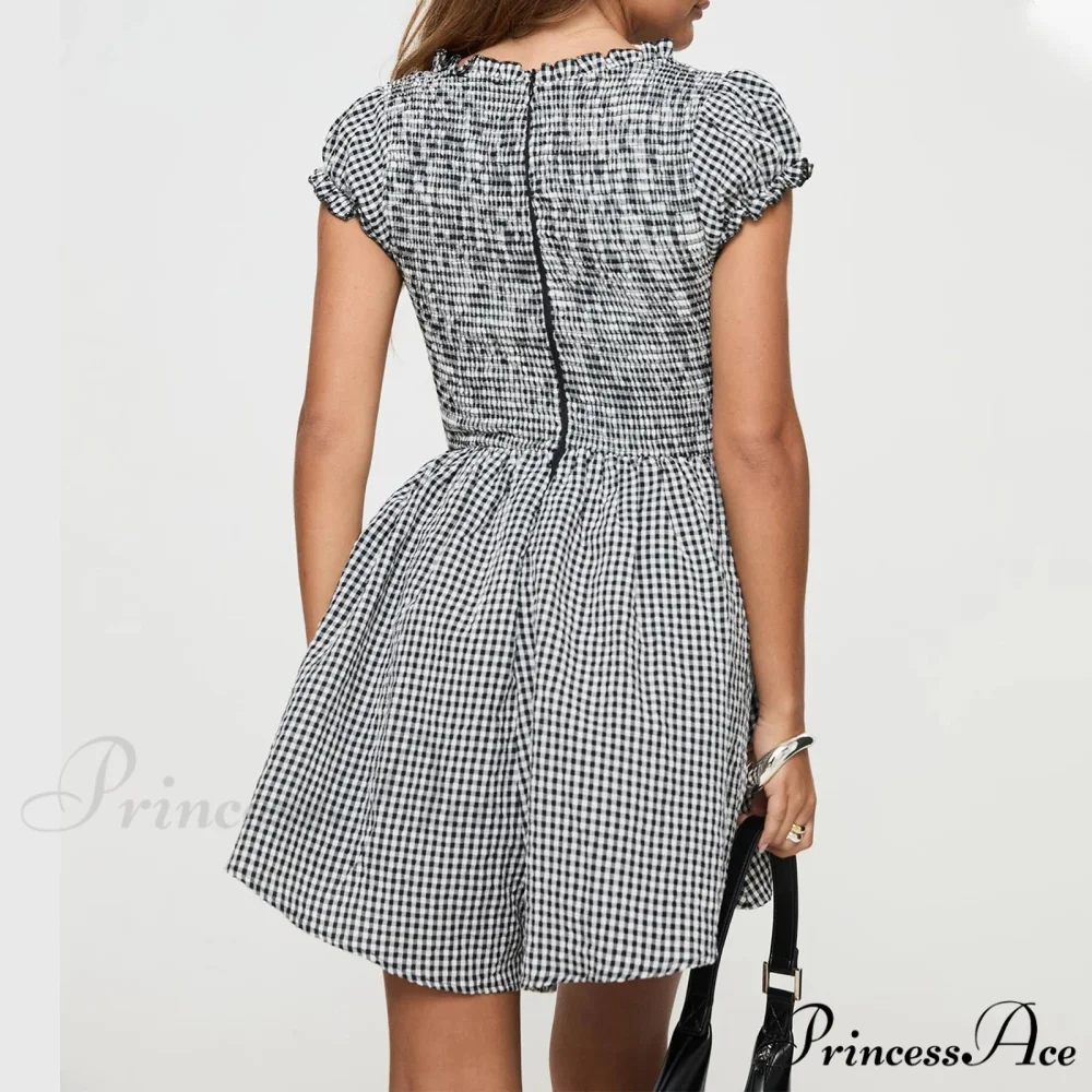 Checkered Shirred Babydoll Mini Dress - Image 6