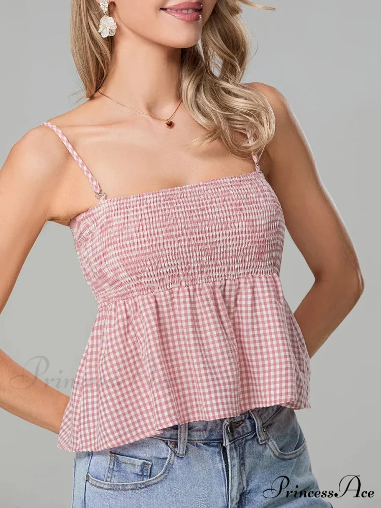Checkered Shirred Open-Back Spaghetti Strap Frill Hem Crop Top - Image 2