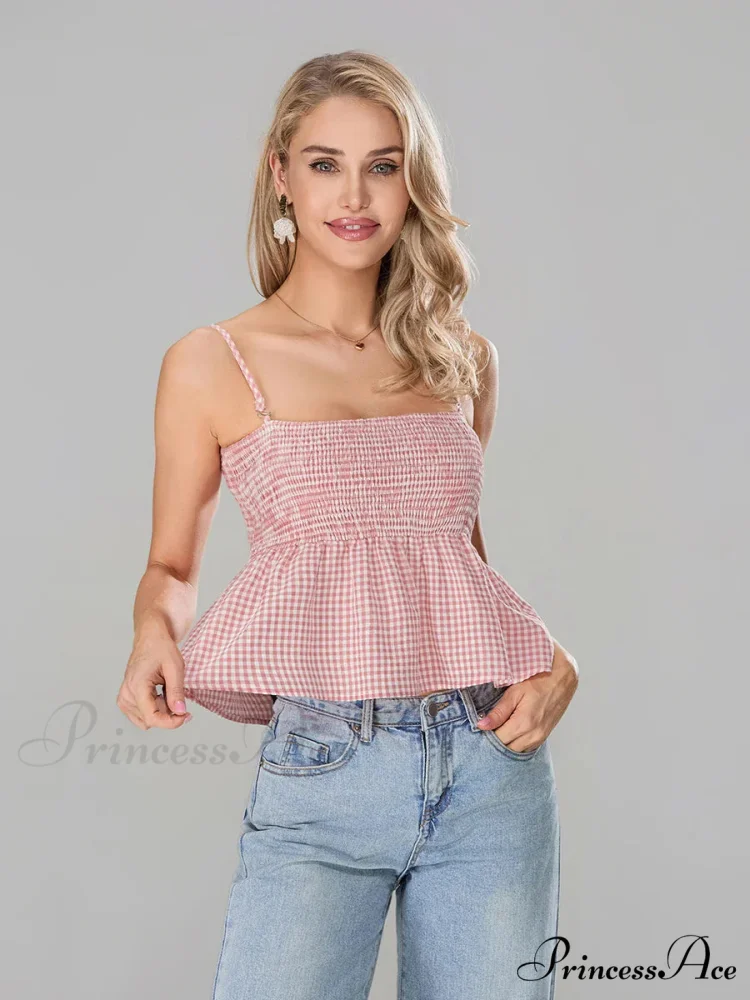 Checkered Shirred Open-Back Spaghetti Strap Frill Hem Crop Top - Image 3