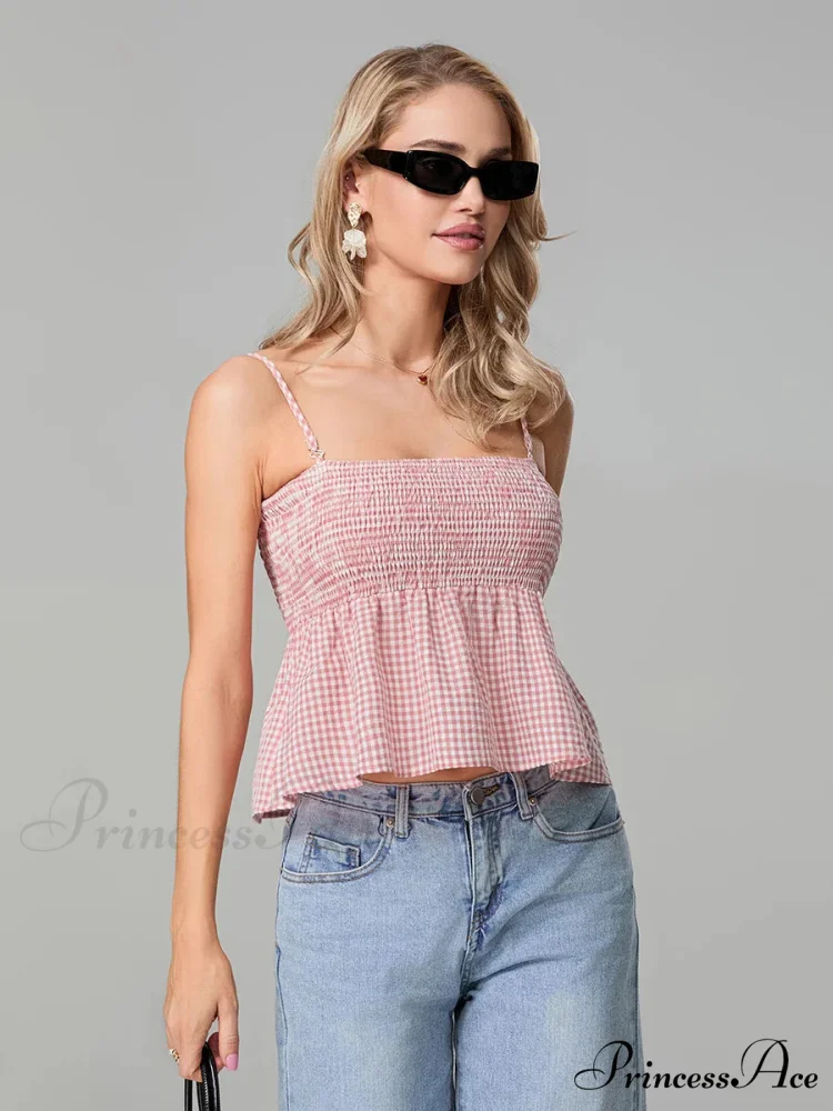 Checkered Shirred Open-Back Spaghetti Strap Frill Hem Crop Top - Image 4