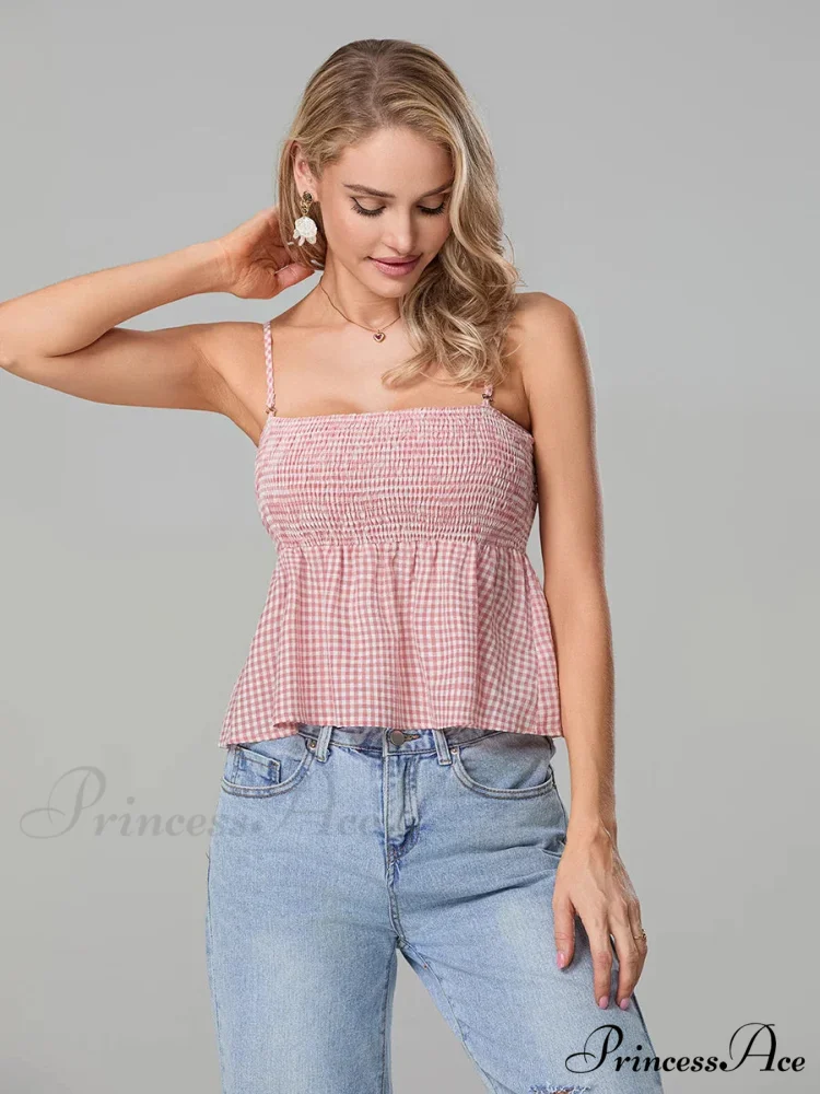Checkered Shirred Open-Back Spaghetti Strap Frill Hem Crop Top - Image 5