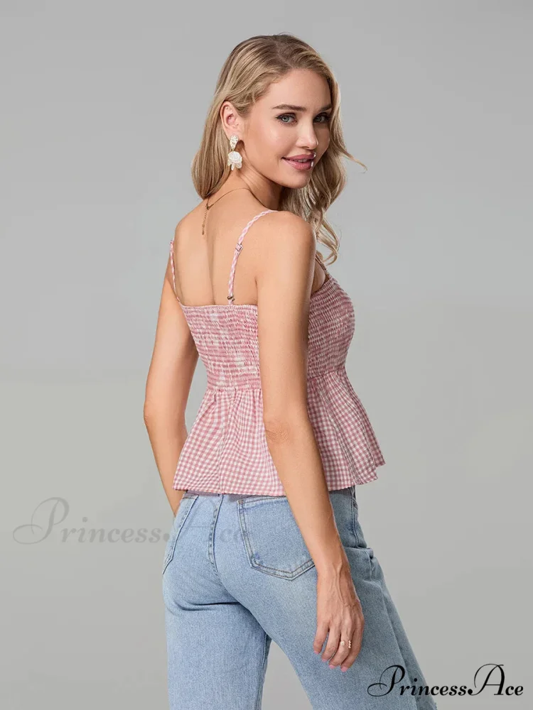 Checkered Shirred Open-Back Spaghetti Strap Frill Hem Crop Top - Image 6