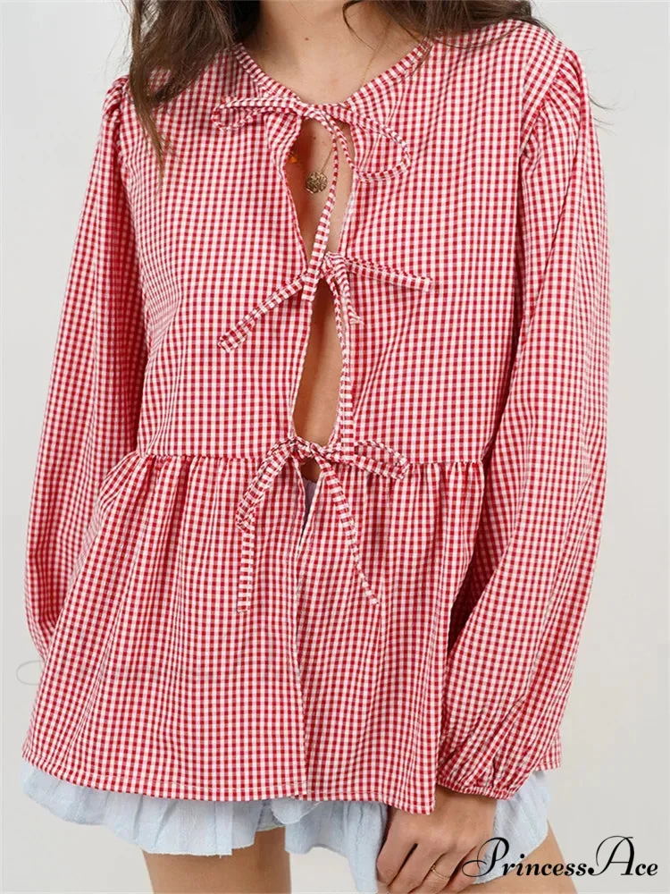 Checkered Stripe Front Fastened Long Sleeve Blouse - Image 2