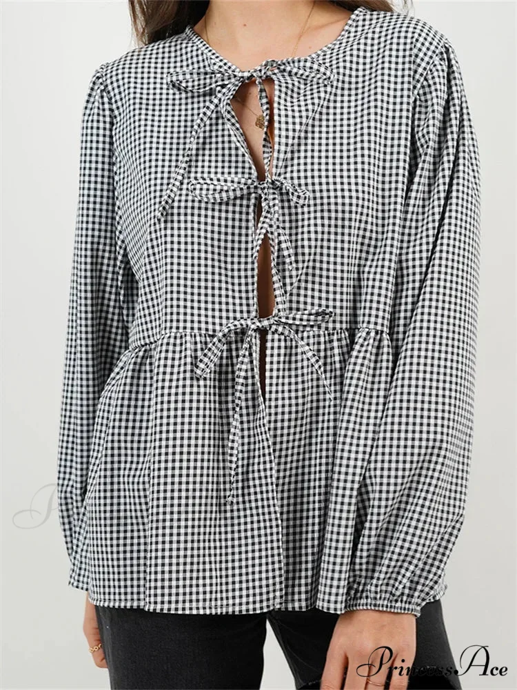 Checkered Stripe Front Fastened Long Sleeve Blouse - Image 3