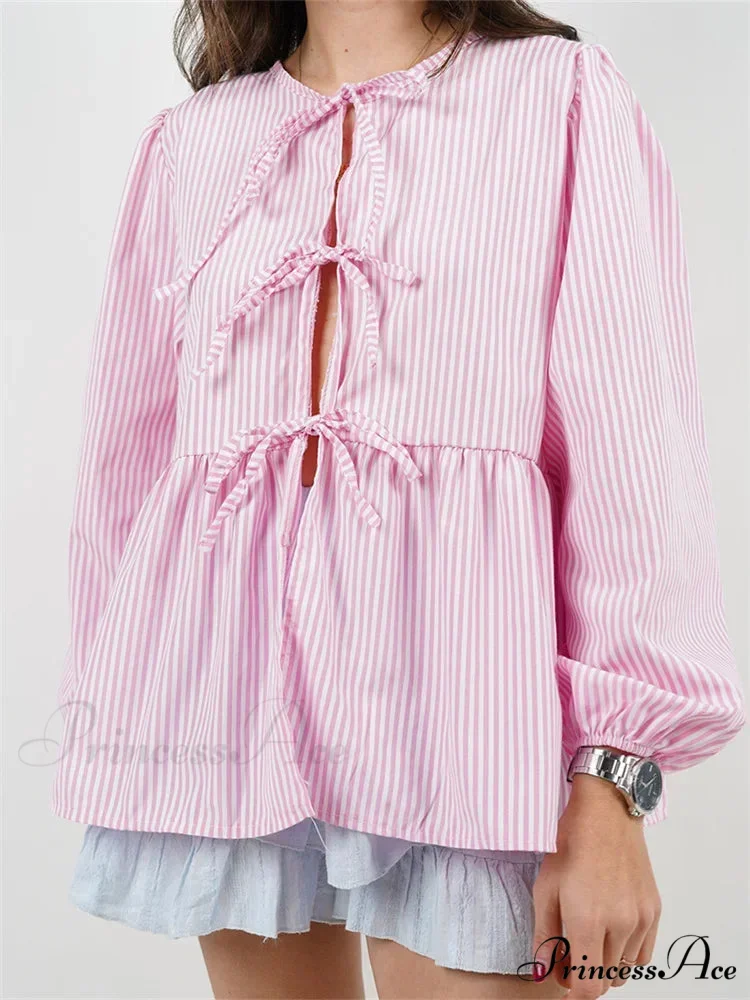 Checkered Stripe Front Fastened Long Sleeve Blouse - Image 4