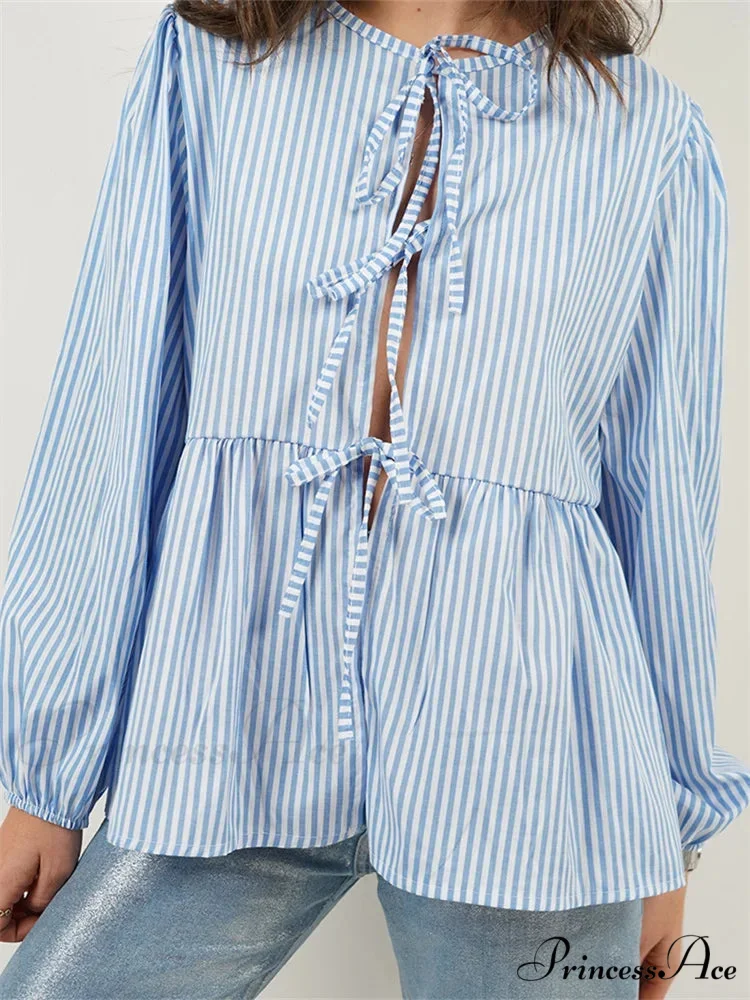 Checkered Stripe Front Fastened Long Sleeve Blouse - Image 5