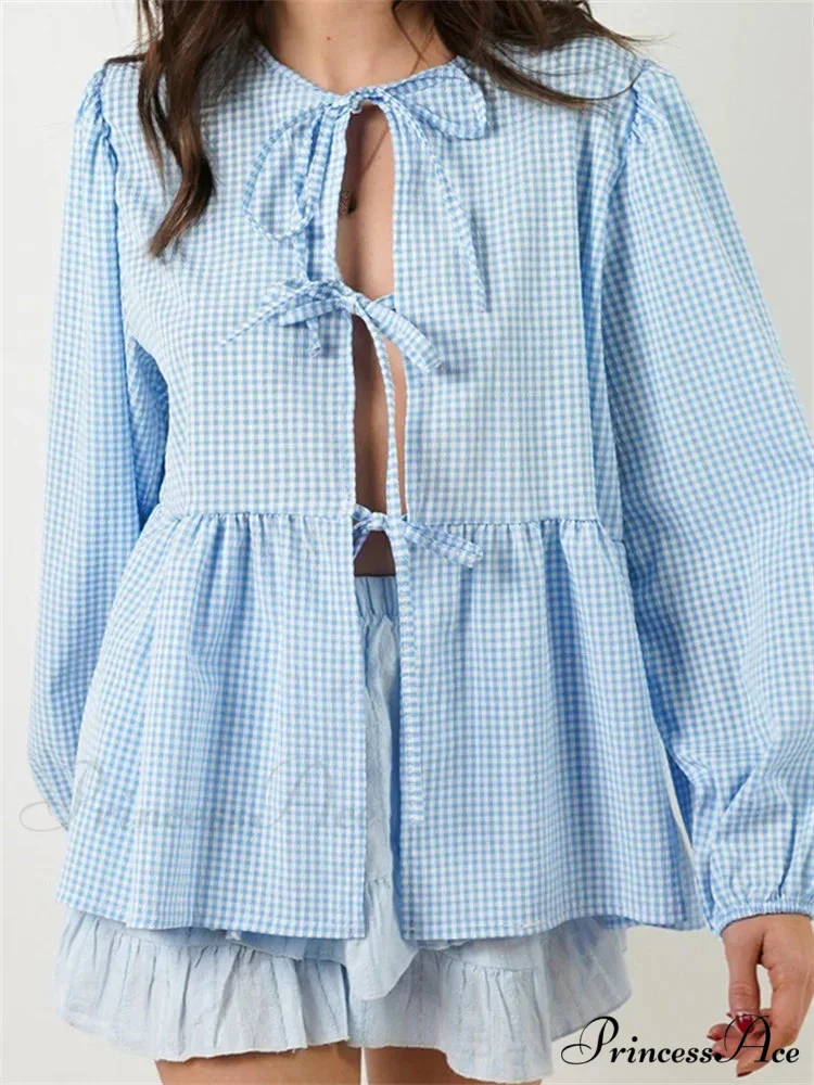 Checkered Stripe Front Fastened Long Sleeve Blouse - Image 7