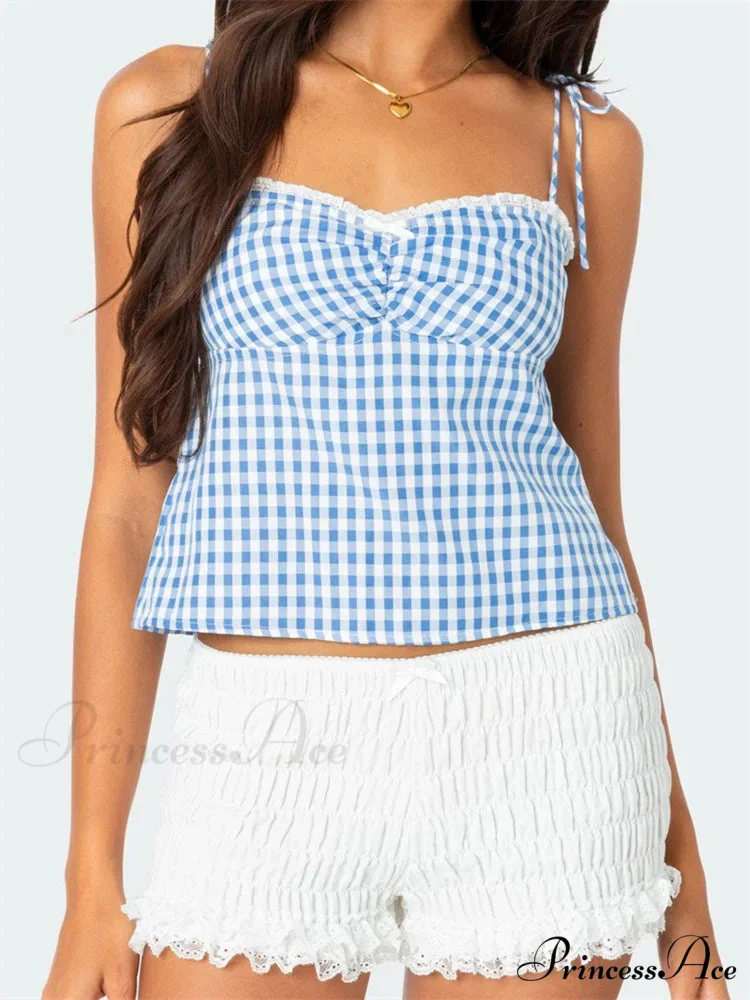 Checkered Tie-up Backless Gathered V-neck Crop Top