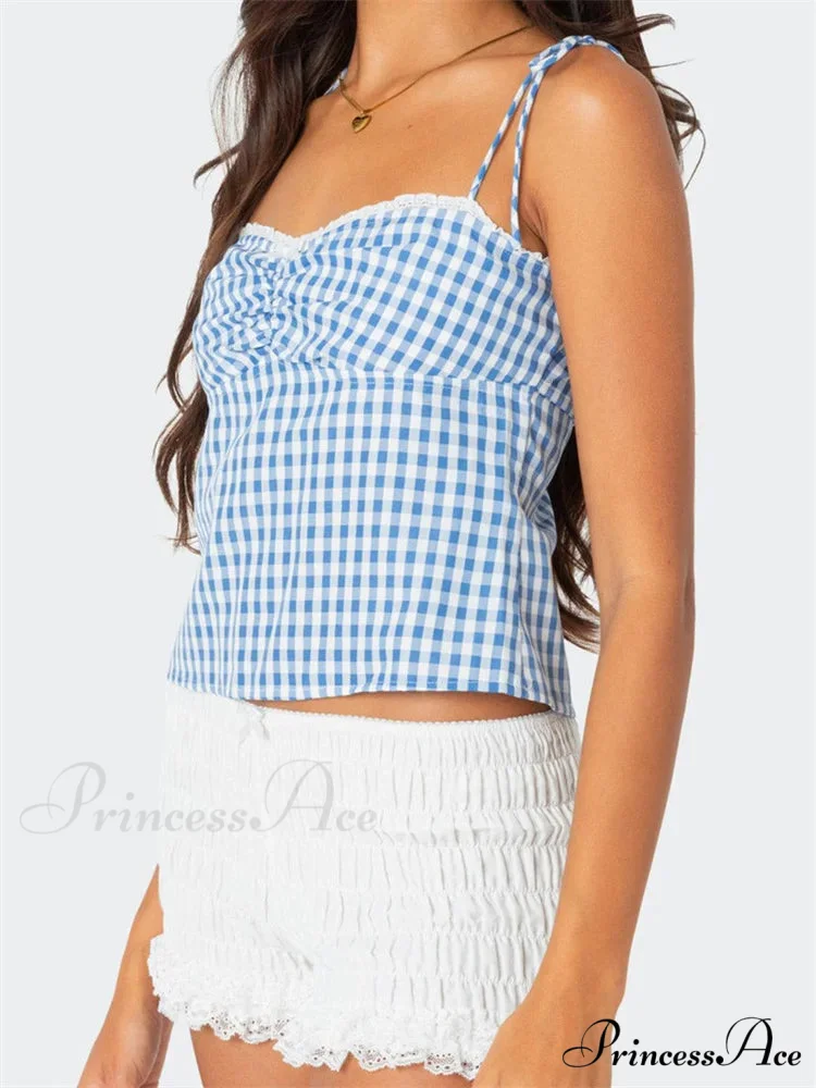 Checkered Tie-up Backless Gathered V-neck Crop Top - Image 2