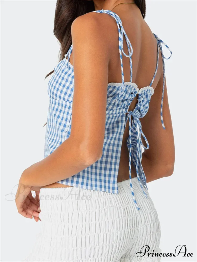 Checkered Tie-up Backless Gathered V-neck Crop Top - Image 3