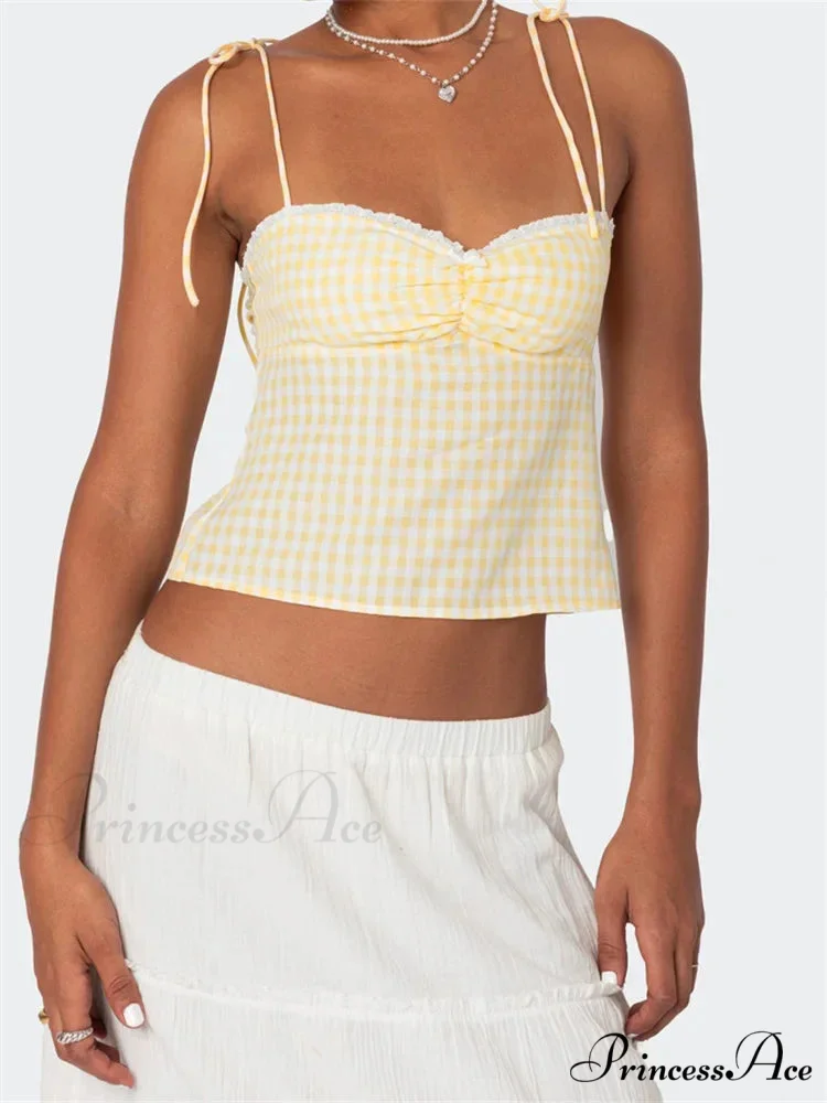 Checkered Tie-up Backless Gathered V-neck Crop Top - Image 4