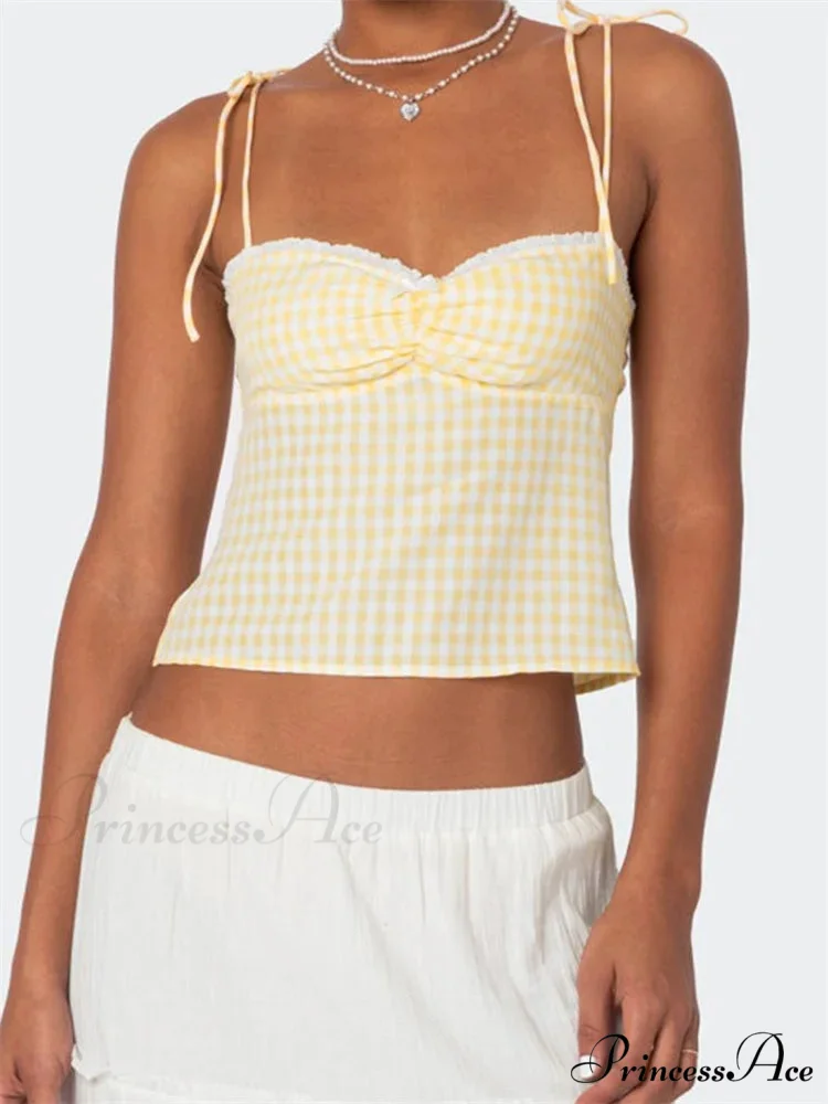 Checkered Tie-up Backless Gathered V-neck Crop Top - Image 5