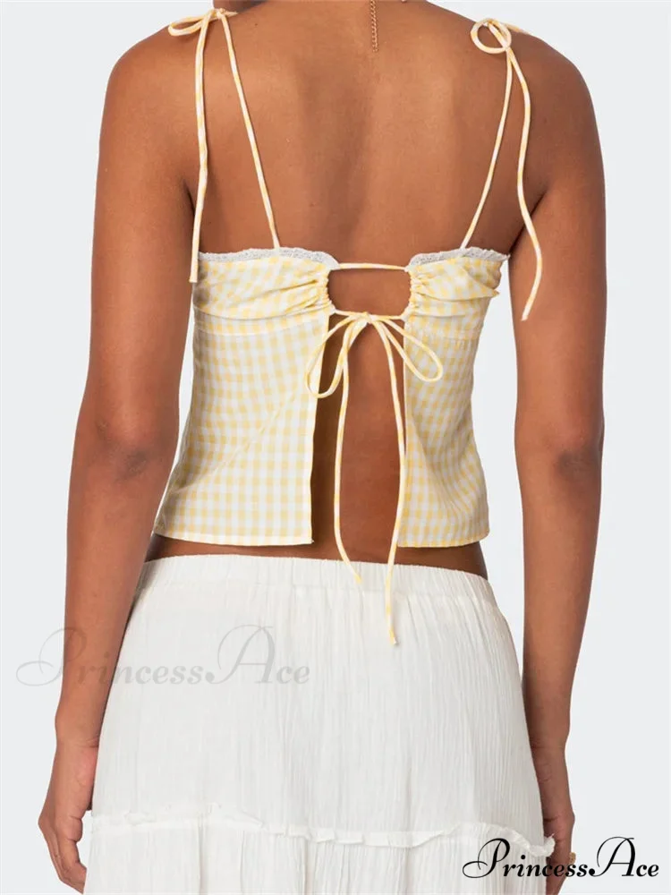 Checkered Tie-up Backless Gathered V-neck Crop Top - Image 6