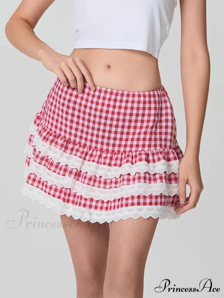 Checkered Tiered Lace Zip Skirt - Image 2