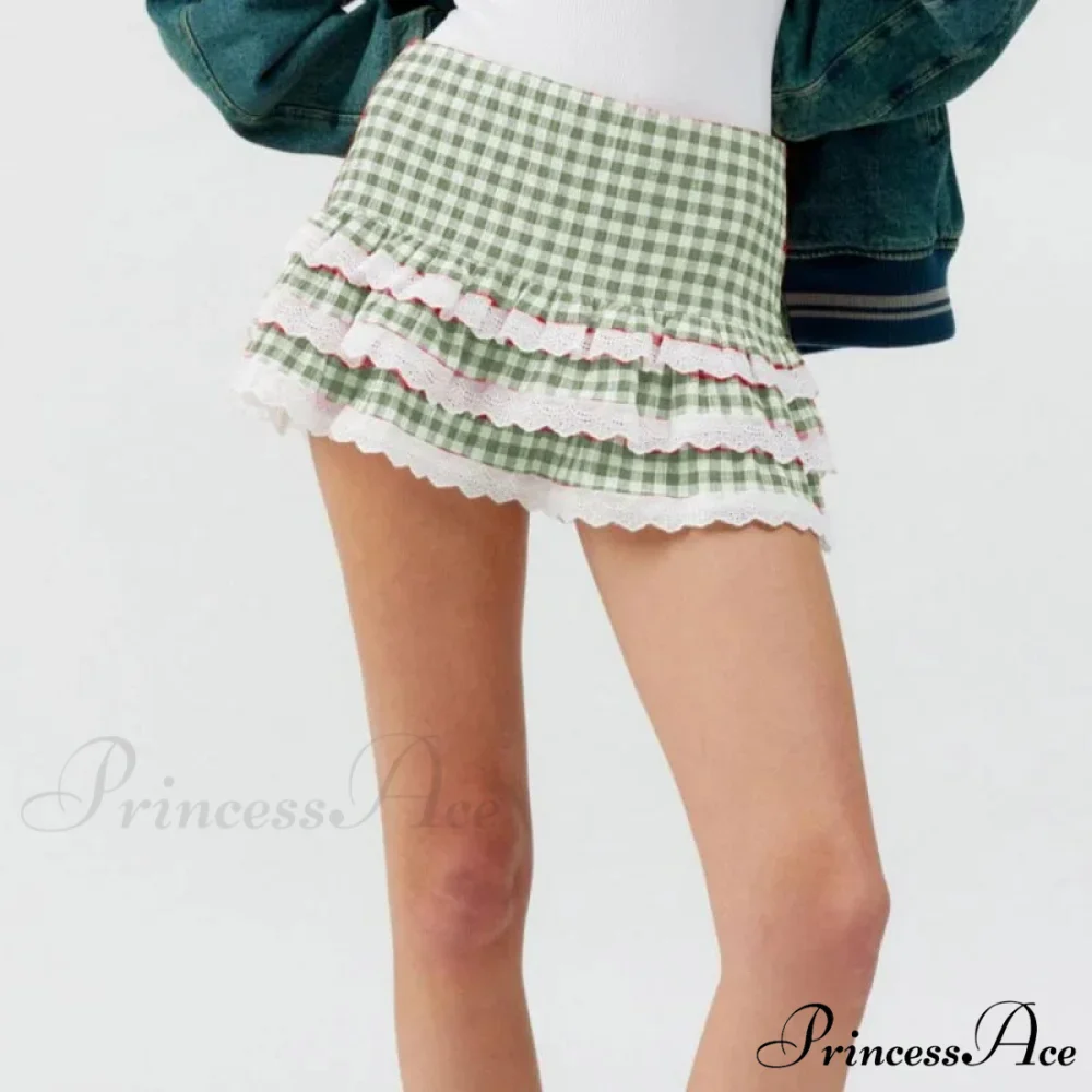 Checkered Tiered Lace Zip Skirt - Image 8