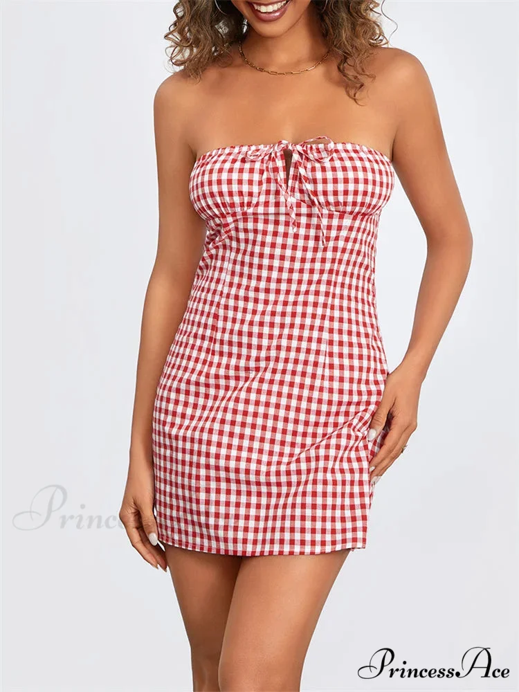 Checkered Trim-Fit Lace-Up Mini Dress - Image 3