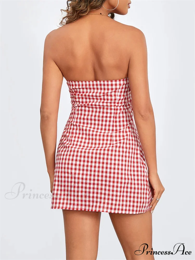 Checkered Trim-Fit Lace-Up Mini Dress - Image 4