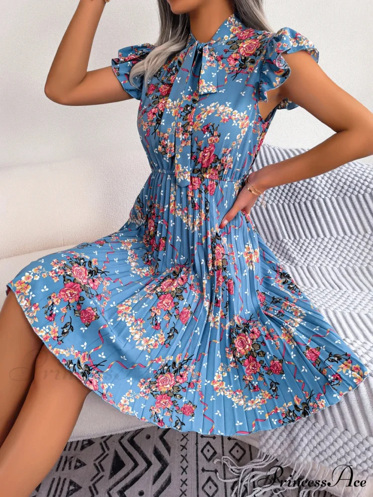 Chic Flower Pattern Bow Folded Trimmed Waist Flower Dress - Image 2