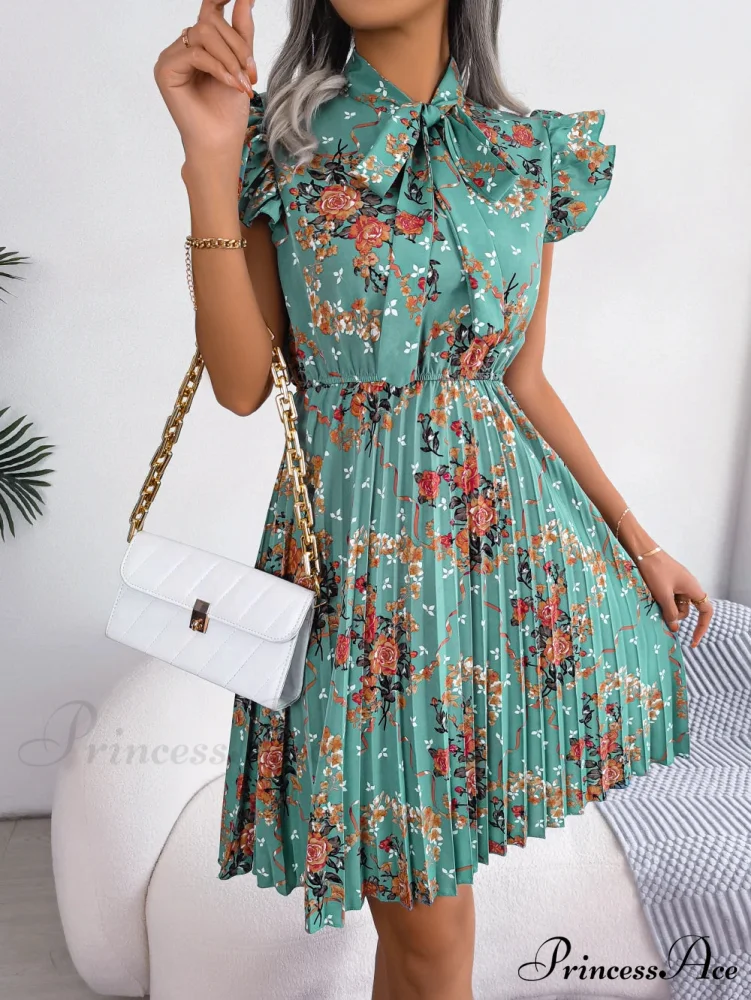 Chic Flower Pattern Bow Folded Trimmed Waist Flower Dress - Image 3