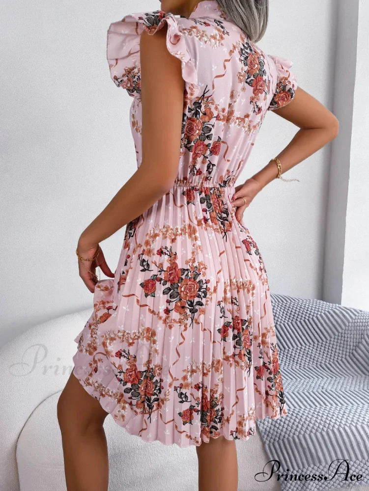 Chic Flower Pattern Bow Folded Trimmed Waist Flower Dress - Image 6