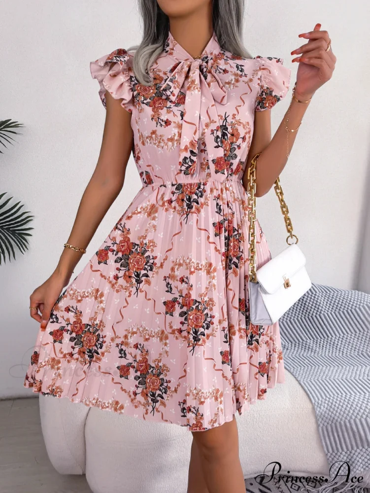 Chic Flower Pattern Bow Folded Trimmed Waist Flower Dress - Image 7