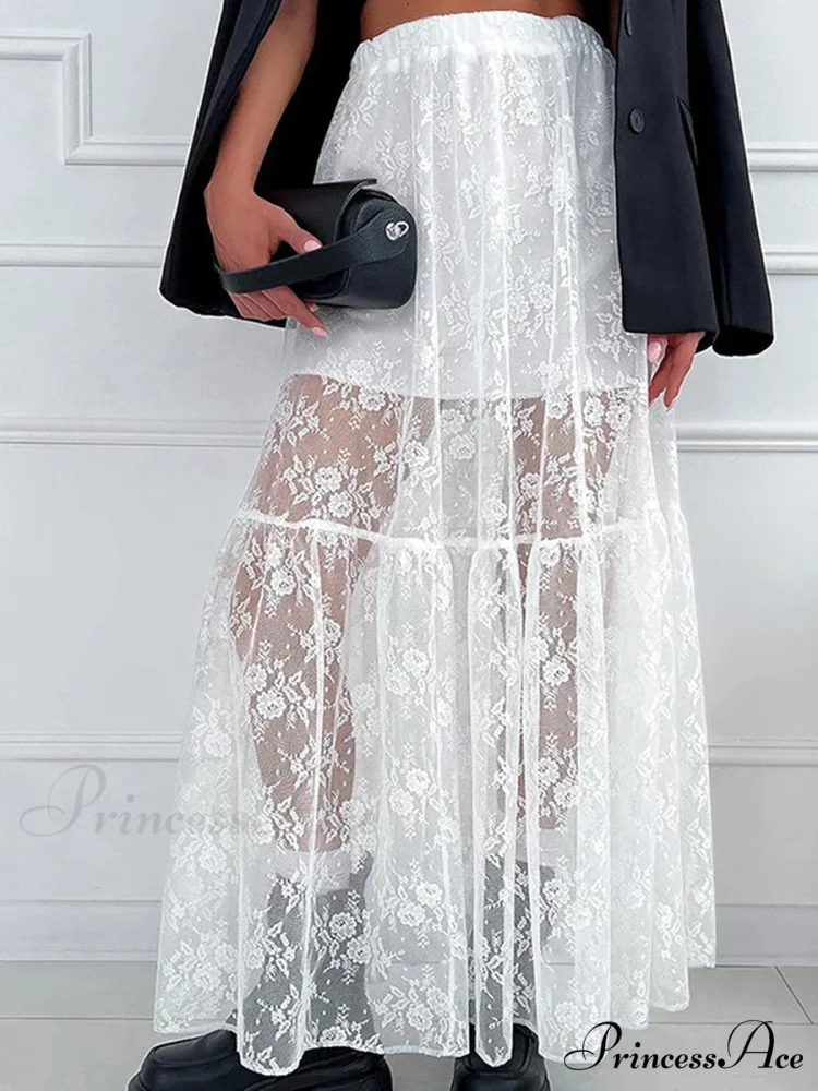 Chic Ivory Lace Straight High Waist Jacquard Weave Skirt - Image 2