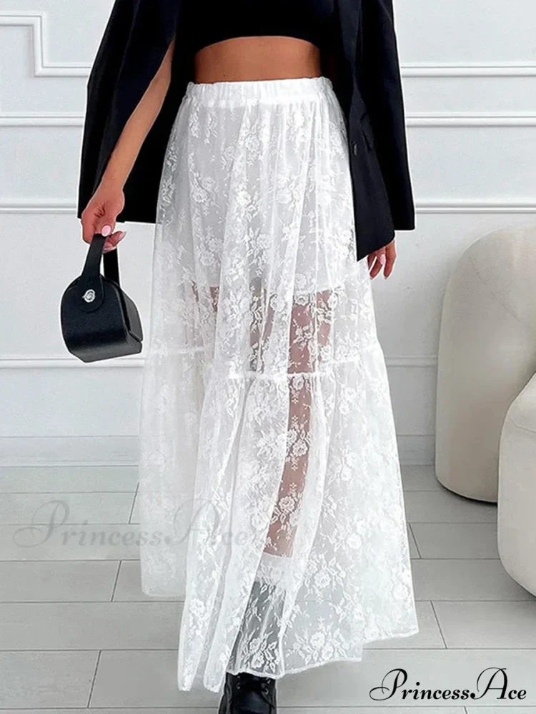 Chic Ivory Lace Straight High Waist Jacquard Weave Skirt - Image 3