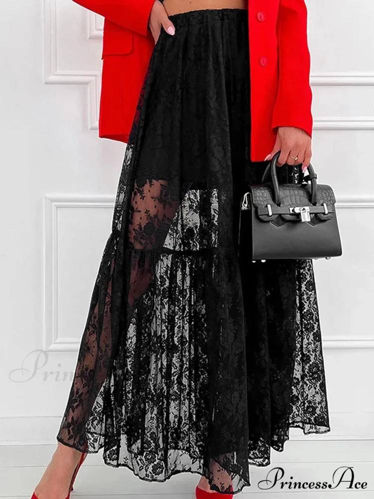 Chic Ivory Lace Straight High Waist Jacquard Weave Skirt - Image 4