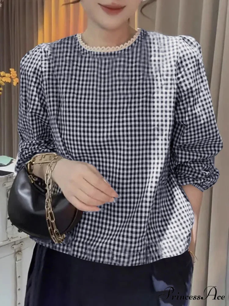 Chic Lace Trim O Neck Checked Puff Sleeve Smock Blouse - Image 2
