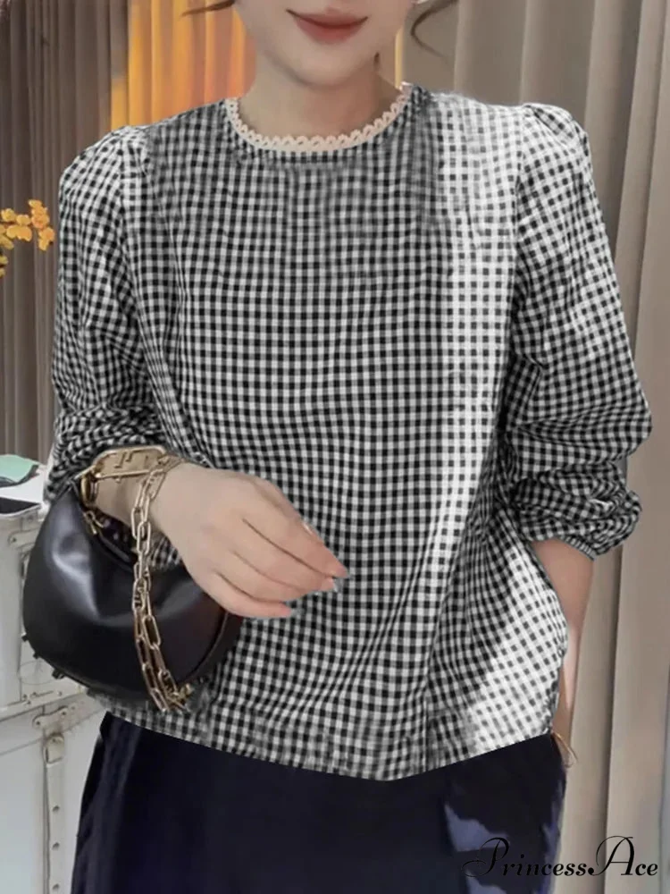 Chic Lace Trim O Neck Checked Puff Sleeve Smock Blouse - Image 3