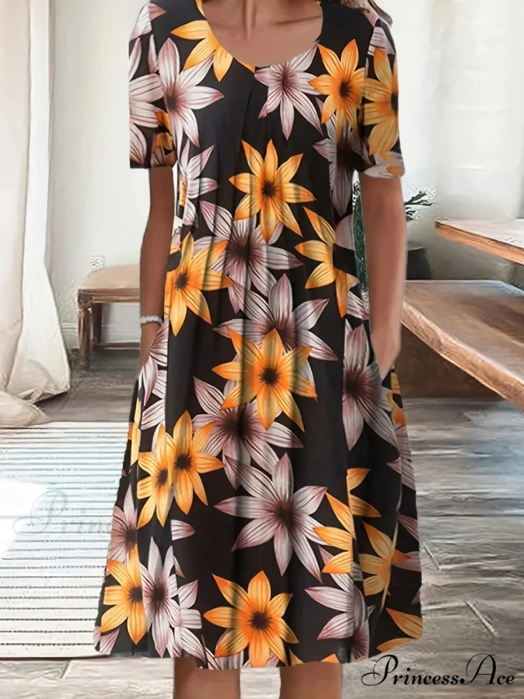 Chic Spring Summer Circular Neck Patterned Flowered Dress - Image 12