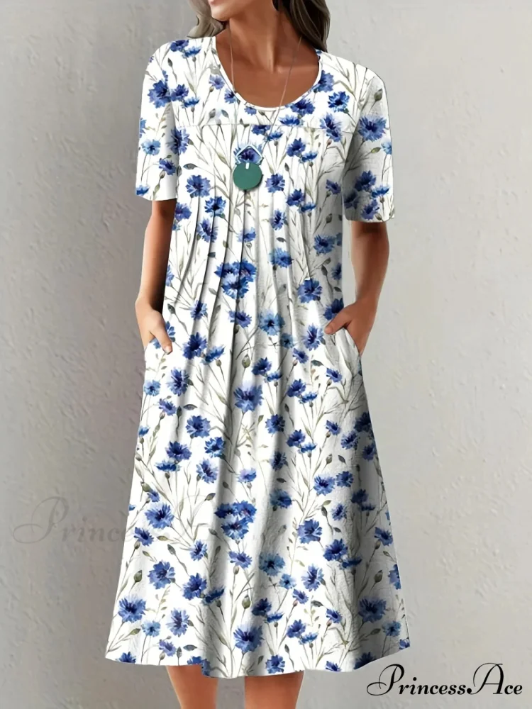 Chic Spring Summer Circular Neck Patterned Flowered Dress - Image 13