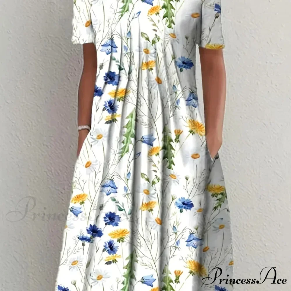 Chic Spring Summer Circular Neck Patterned Flowered Dress - Image 2