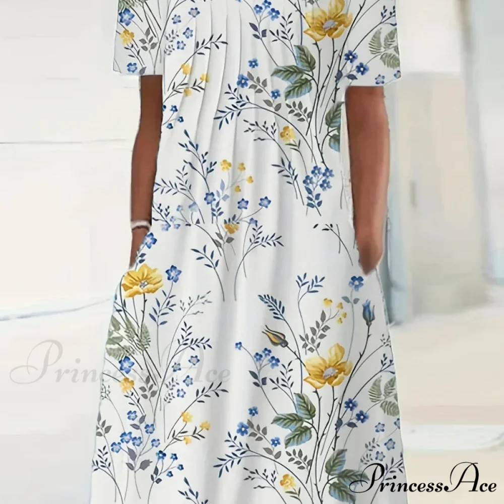 Chic Spring Summer Circular Neck Patterned Flowered Dress - Image 3