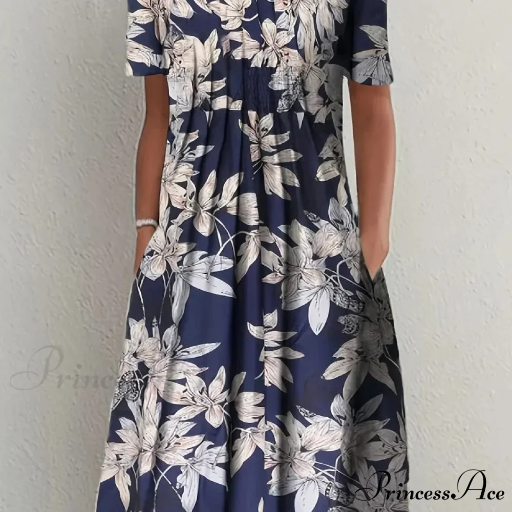 Chic Spring Summer Circular Neck Patterned Flowered Dress - Image 4