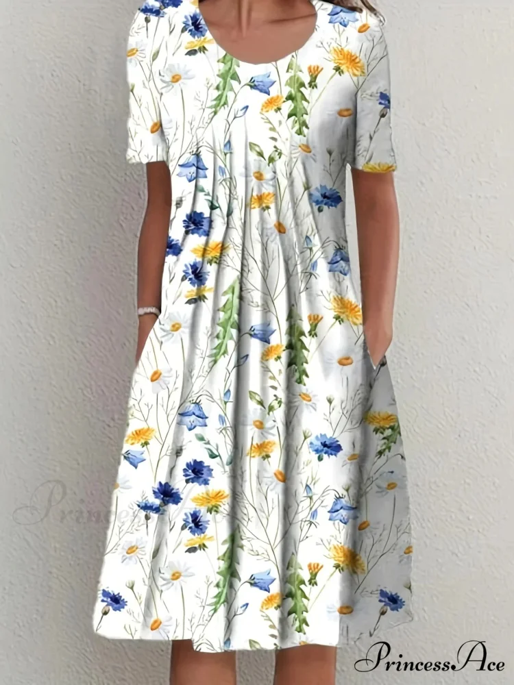 Chic Spring Summer Circular Neck Patterned Flowered Dress - Image 6