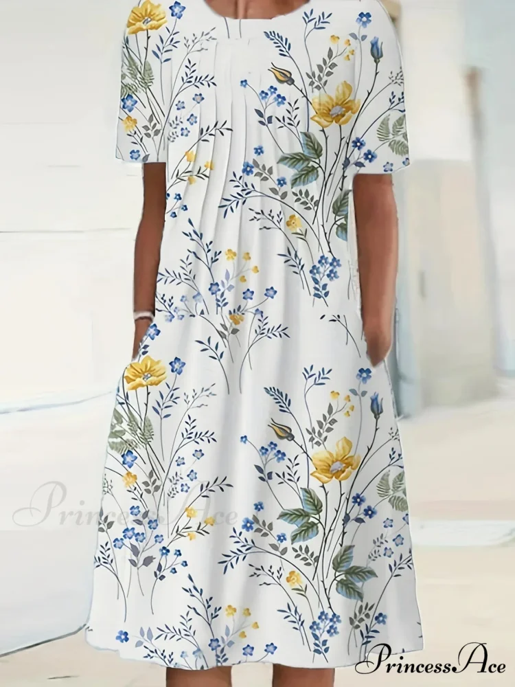 Chic Spring Summer Circular Neck Patterned Flowered Dress - Image 7