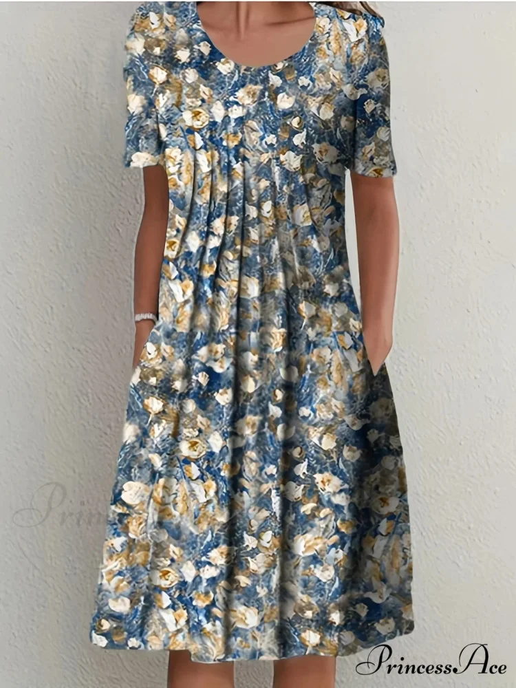 Chic Spring Summer Circular Neck Patterned Flowered Dress - Image 8