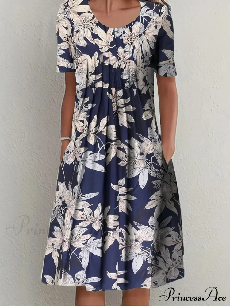 Chic Spring Summer Circular Neck Patterned Flowered Dress - Image 9