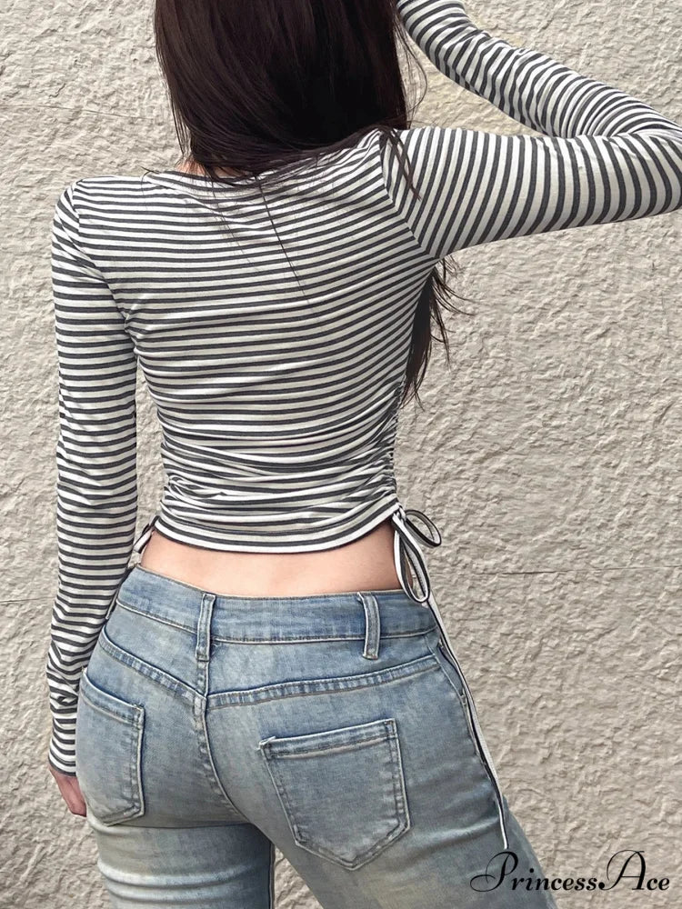 Cinch Bandage Slim Cropped O-Neck Long Sleeve Knit Top - Image 2