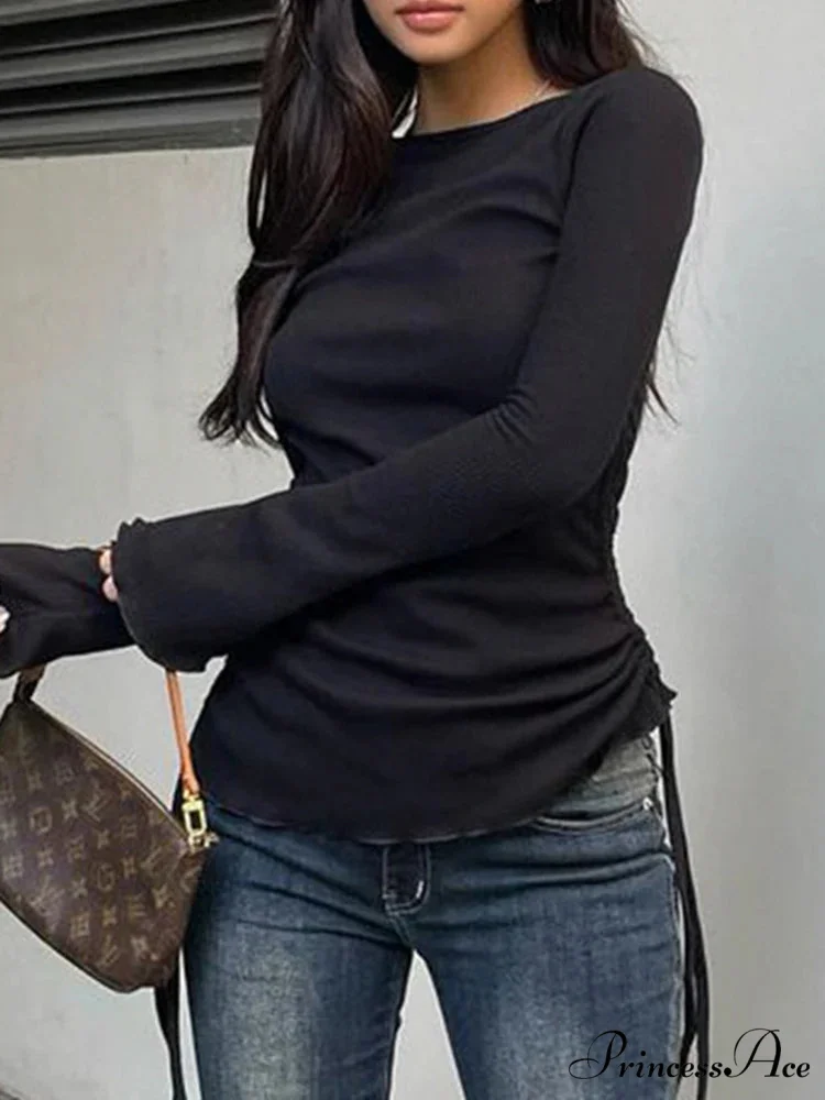 Cinch Folds Solid Trim O-Neck Long Sleeve Knit Top - Image 2