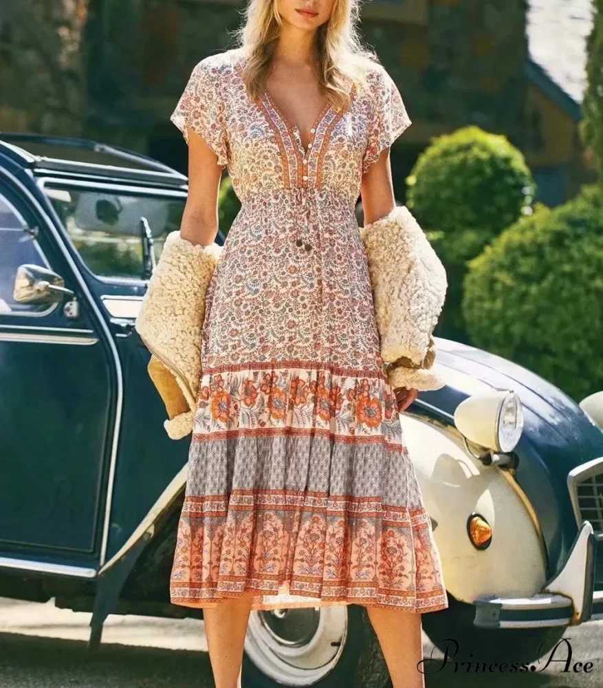 Cinch Waist Midi Dress Retro Floral Cotton Informal Summer Dress - Image 2