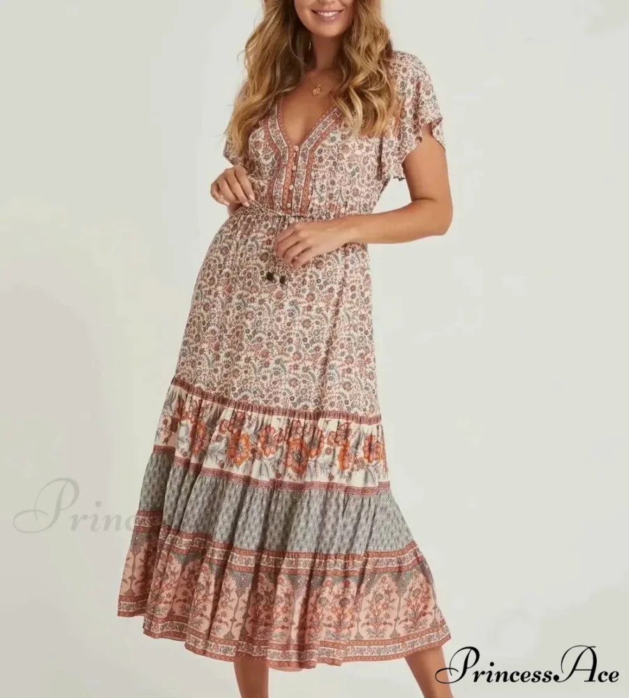 Cinch Waist Midi Dress Retro Floral Cotton Informal Summer Dress - Image 3