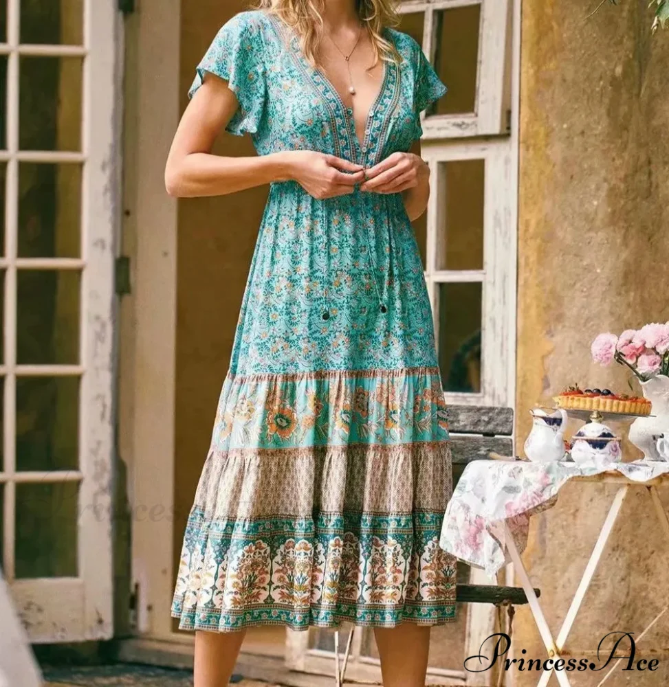 Cinch Waist Midi Dress Retro Floral Cotton Informal Summer Dress - Image 4