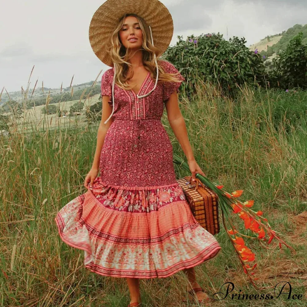 Cinch Waist Midi Dress Retro Floral Cotton Informal Summer Dress - Image 5