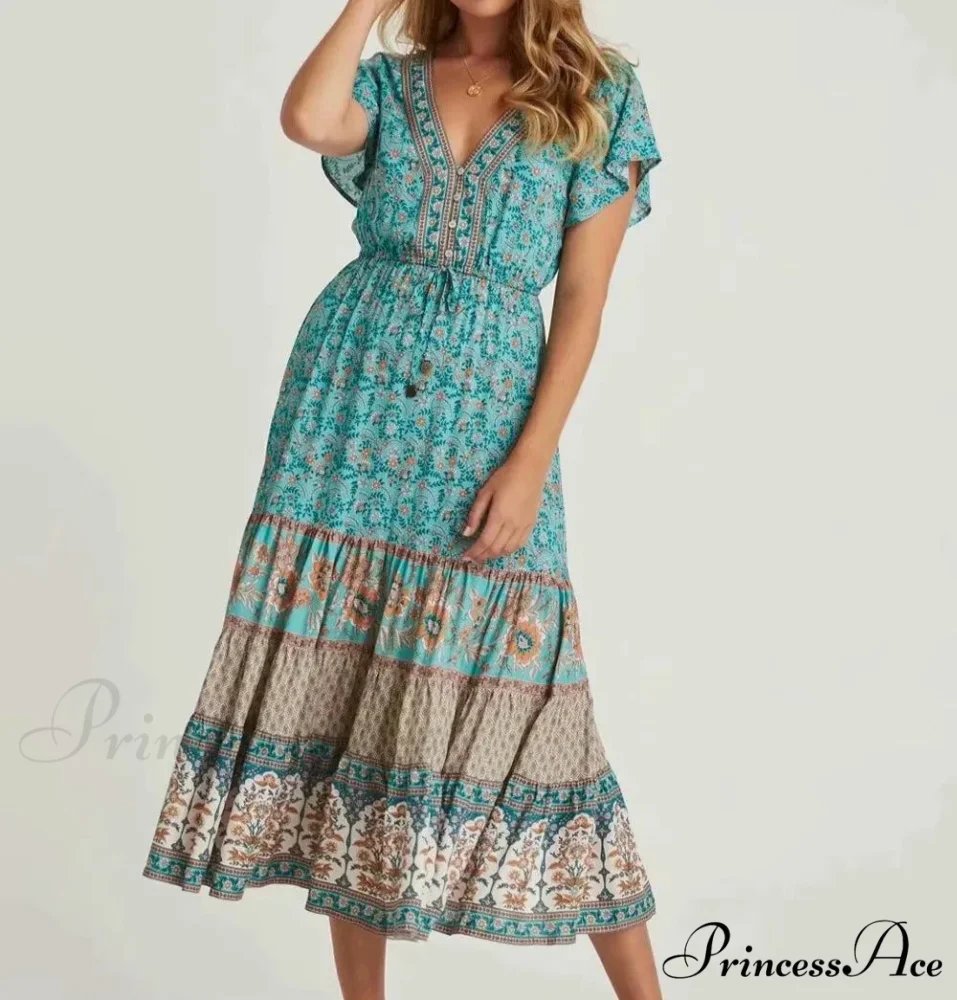Cinch Waist Midi Dress Retro Floral Cotton Informal Summer Dress - Image 6