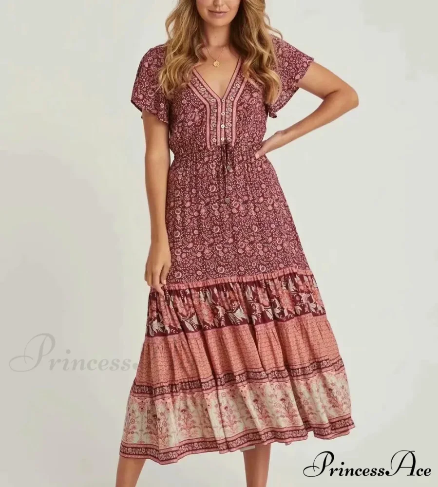 Cinch Waist Midi Dress Retro Floral Cotton Informal Summer Dress - Image 7
