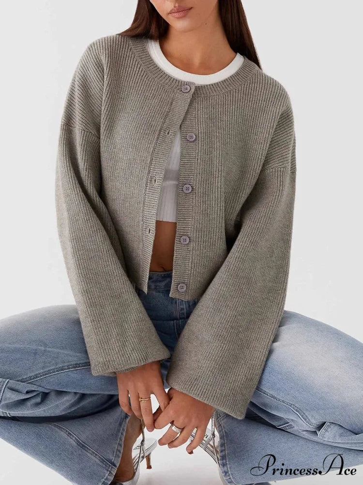 Circular Neck Button-Up Extended Sleeve Cardigan - Image 9
